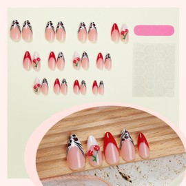French Tip Press on Nails Almond Fake Nails with Cherry Designs Medium Acrylic Nails White & Red Translucent Artificial Nails Spring Stiletto Stick on False Nails for Women 24 Pcs