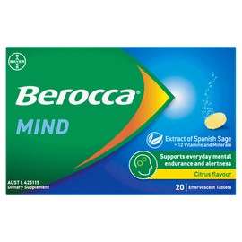 Berocca Mind Citrus Effervescent Tablets, Vitamin B & C, Magnesium, Zinc and Extract of Spanish Sage 20 Pack
