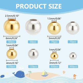 PH PandaHall 1080pcs Smoth Spacer Beads, 3/4/5/6mm Brass Spacer Beads Round Loose Beads Small Craft Beads Ball Beads Seamless Beads for Stackable Bracelet Necklaces Earrings Jewelry DIY Craft Making