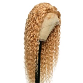 AiPliantfis Curly Wave Human Hair Wig #27 Honey Blonde 4x4 Real Hair Wig Women's Glueless Human Hair with Natural Hairline Free Part Bleached Knot Brazilian Remy Hair 22 Inches (56 cm)