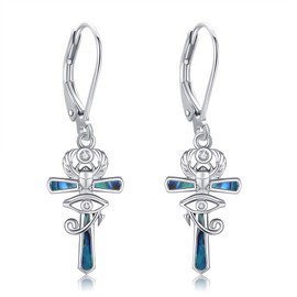 Ankh Earrings 925 Sterling Silver Abalone Shell Eye Of Horus Leverback Earrings Egyptian Mother's Day Jewelry for Women Mom