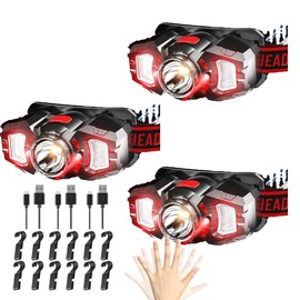 BTZOMR 3 Headlamps, White&Red LED Headlamp, 70° Up&Down Adjustable, 4 Clips, Motion Switch, 800 Lumens, 500 Feet Distance and 10 Hours Running Time MAX, IPX5 Waterproof, for Camping, Hiking, Fishing
