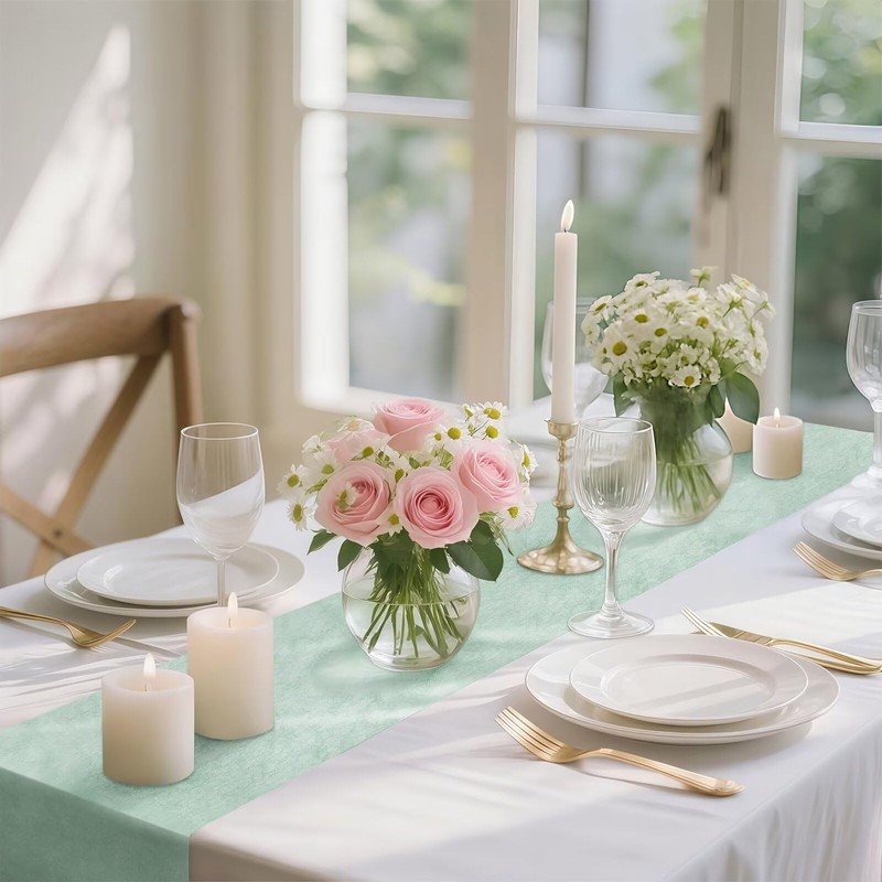 Table Runner, 0.3 x 50 m, Eucalyptus Green, Disposable Non-Woven