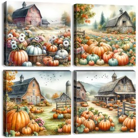 Country Fall Wall Art Farmhouse Barn Landscape Picture for Living Room Colorful Pumpkin Wall Decor Canvas Abstract Autumn Farm Scene Nature Artwork Bedroom Kitchen Fireplacce Home Decoration 12x12" 4P