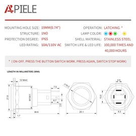 APIELE 110V-220V 19mm Latching Push Button Switch 10 Amp SPST LED Waterproof Round Self-Locking 1NO (Silver Stainless Steel, Blue)