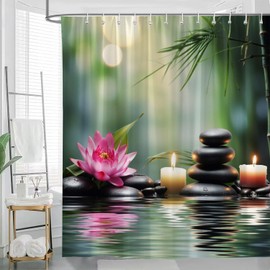 JONSEQIN Zen Stone Spa Shower Curtain Lotus Massage Stone Triplets Herbal Oil and Scent Candles Green Bamboo Water Reflection Relaxing Bathroom Decor Curtains 70x70 inch with Hook
