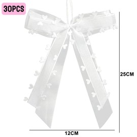 Pack of 30 car bows, antenna bows, wedding decoration bows, gift bow, car bows, white with hearts, used for wedding, car jewellery, sugar bag (30)
