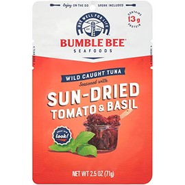 Bumble Bee Sun-Dried Tomato & Basil Seasoned Tuna, 2.5 oz Pouches (Pack of 12) - Ready to Eat, Spork Included - Wild Caught Tuna Pouch - 14g Protein per Serving - Gluten Free