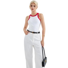 SUUKSESS Women Padded Cotton Ribbed Tank Tops 2025 Sleeveless High Neck Racerback Basic Tops(White-Red, L)