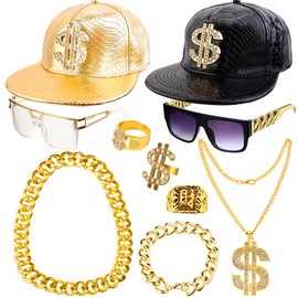 Peirich 80s 90s Rap Concerts Rap Rap Costume Set Including Sunglasses, Hip Hop Hat and Gold Dollar Sign Necklace Bracelet Ring