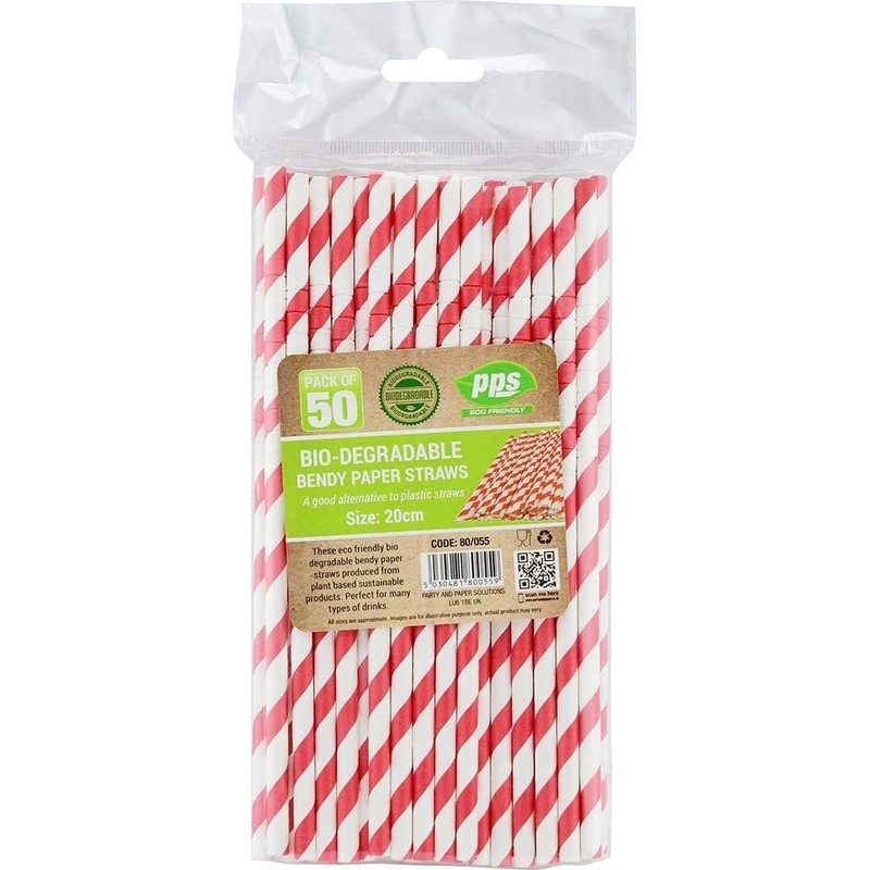 50 x Bendy Red and White Stripe Paper Drinking Straws