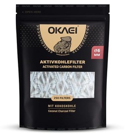 OKAEI Activated Carbon Filter 6mm - Pack of 250 - Slim Filters with Activated Carbon from Coconut Shell - With Ceramic Caps - 26mm Length