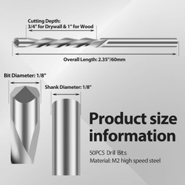 50PCS Drywall Bits, 1/8 Inch Guide Point Tracing Drywall Router Bits, Cutout Bits Spiral Saw Tip Bit Set for Sheetrock, Thin Wood, Outlet Boxes Use, Silver
