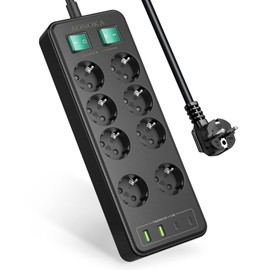 Steckdosenleiste 8-Fach mit USB C, Mehrfachsteckdosen Überspannungsschutz, Steckdosenadapter mit 2*USB A und 2*USB C, Mehrfachstecker Wandmontage mit Doppelschalter, 1.5M Kabel Schwarz