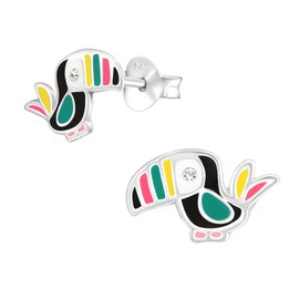 Monkimau Girls Earrings Toucan Bird Stud Earrings Made of 925 Sterling Silver with 2 Crystals, Sterling Silver