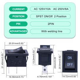 Twidec/5Pcs Rocker Switch AC 6A/250V 10A/125V SPST 2 Pins 2 Position ON/Off Car Boat Square Black Rocker Switch Toggle with Pre-soldered Wires KCD1-1-101-ON-OFF-X