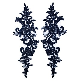 2 Pieces Extra Large Embroidered Bridal Lace Applique Trim Motif with Corded #41A (Navy)