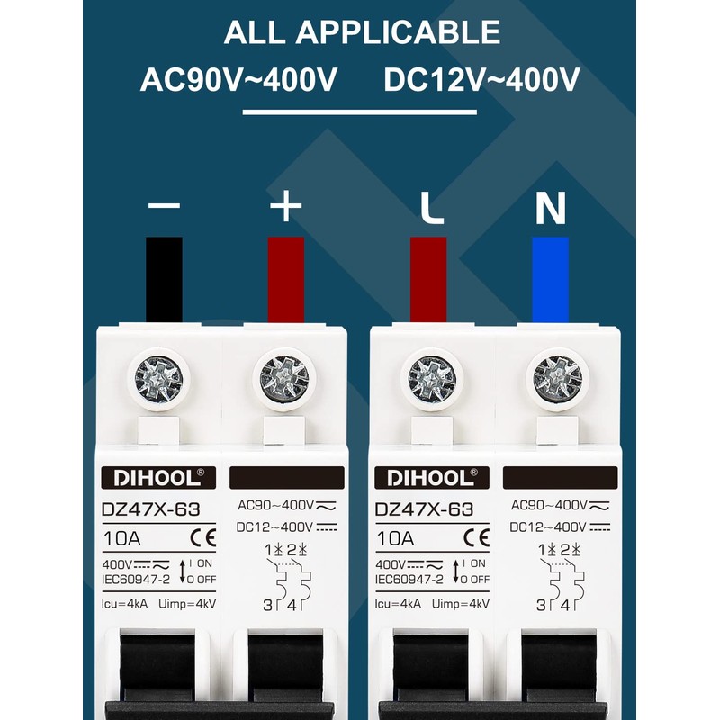 DIHOOL Solar Disconnect Switch,10 Amp 2 Pole,Non Polarized,12V/24V/48V/110V/220V/400V,AC/DC Circuit Breaker,DIN