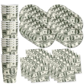 Money $100 Dollar Bills Birthday Party Supplies Set Plates Napkins Cups Tableware Kit for 16