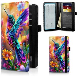 FUYOCWE Leather Checkbook Covers for Men Women Check book Holder Cover Wallets for Personal Checkbook Duplicate Checks with RFID Blocking & Elastic Strap-Colorful Hummingbird with Flower