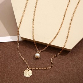 FINETOO Ladies Double Layer Necklace Elegant Gold Chain with Pearl & Round Pendant Fashion Jewelry for Women