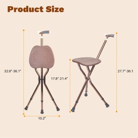 UNLICON Brown Folding Cane Stool with Seat, Lightweight Adjustable Height Walking Cane for Seniors, Ergonomic Design, 330 lbs Capacity, Portable and Convenient Cane Chair with Anti-Slip Feet