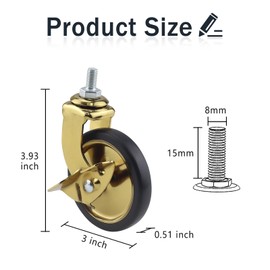3" stem Caster Wheels,Hotel Restaurant Trolley casters Set of 4 (2with brake 2without, Gold plating),threaded stem 8 * 15mm,Lightweight Total Capacity 160lbs