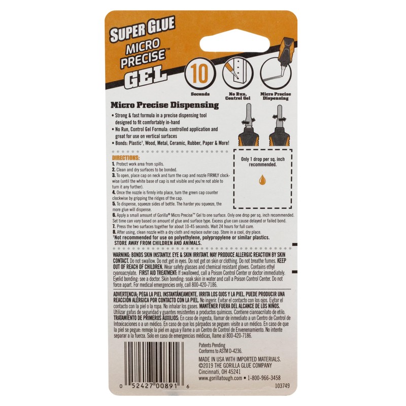 Gorilla Micro Precise Super Glue Gel, Cyanoacrylate Glue, Fast Setting,