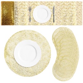 URROMA Meal Mats,Disposable Gold Starry Sky Pattern Placemats Set Dining Mat Gold Gypsophila Mesh Table Runner Sequin Glitter Mesh Metallic Gold Mesh Table Decoration 11 Pieces