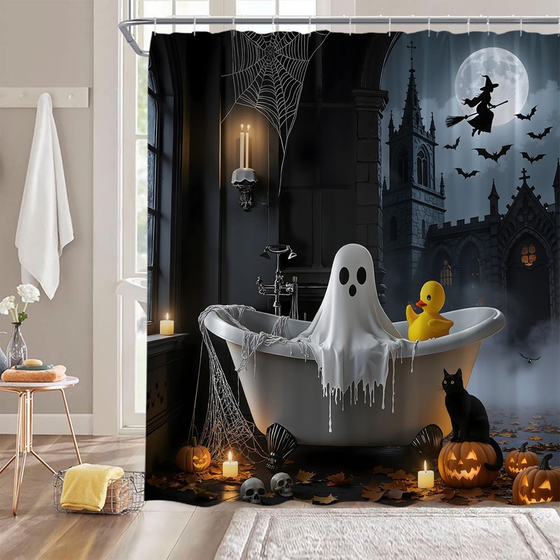 Halloween Shower Curtain,Whimsical Ghost in Bathtub with Black Cat Pumpkin