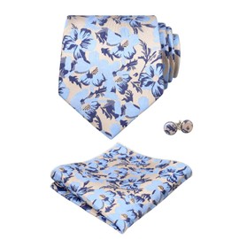 Alizeal Mens Floral Regular Necktie Pocket Square and Cufflinks, Light Blue+Champagne