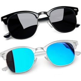 Joopin Classic Half-Frame Sunglasses Men's Polarised and Retro Sunglasses Women's Vintage Sunglasses Unisex UV400 2 Pairs for Outdoor Camping Travel, Full black and blue mirrored