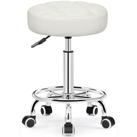 Brick Attic Rolling Stool with Wheels, PU Leather Small Office Chair with Foot Rest,Versatile Adjustable Swivel Stool for Tattoo Massage Salon Spa Teach Medical Facial Office Home Work Kitchen White