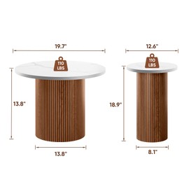 Concho Nesting Coffee Table Walnut, Marble and Round End Tables Living Room with Brushed Aluminum Edges, Fluted Side Table Set of 2 with Wood Frame, Modern Drink Desk for Bedroom, Office