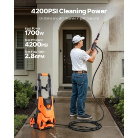 Electric High Power Pressure Washer Max 4200 PSI 2.8 GPM Cleaning Machine with 4 Quick Connect Nozzles for All Purpose UseMax Pressure: 4200PSI/Without Pressure Regulation
