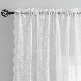 FINECITY Short Lace Curtains 36 Inch Length for Small Window, Rustic Leaf Floral Design White Lace Cafe Curtains 2 Panels, Rod Pocket Privacy Sheer Lace Curtains, 42 x 36 Inch, 1 Pair, White