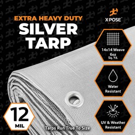 Heavy Duty Silver Poly Tarp 7' X 20' - Multipurpose Protective Cover - Durable, Waterproof, Weather Proof, Rip and Tear Resistant - Extra Thick 12 Mil Polyethylene - by Xpose Safety
