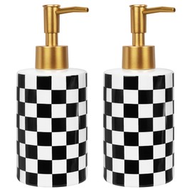 DODAMOUR 2 Pack Ceramic Soap Dispenser, 10oz Modern Checkerboard Hand Soap Dispenser Set for Bathroom Countertop, Kitchen Sink, Refillable Pump Bottle with Rust-Proof Gold Head (Black & White)