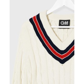 Gunn & Moore GM | Cricket Sweater Pullover | Classic Heavy Cable Knit | Long Sleeve | Cream with Navy Blue & Red Trimmed Collar | XL to fit chest 44"