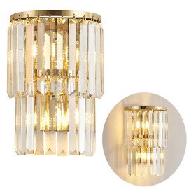 Siljoy 2-Lights Modern Crystal Wall Light, 2-Tiers Crystal Bedside Wall Mount Lighting Fixture, Mirror Gold Stainless Steel K9 Crystal Wall Sconce for Bedroom Living Room Hallway H10'' x L8''