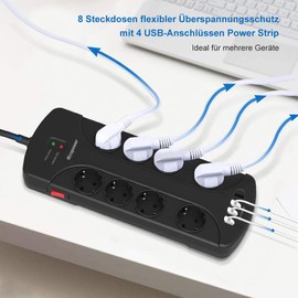 iEcopower 8 Steckdosenleiste Überspannungsschutz mit 4 USB Ports, 3680W/16A, 1050 Joule, Wandmontage Mehrfachsteckdose Überspannungsschutz mit 1,5m Verlängerungskabel Schwarz