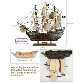 SAILINGSTORY Wooden Pirate Ship Model Black Pearl Sailing Ship Sailboat Decor 20.5" Beige Sails