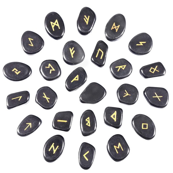 Nupuyai Natural Hematite Rune Stones Set Polished Witches Crystal with Engraved Elder Futhark Runic Alphabet for Meditation Divination Healing