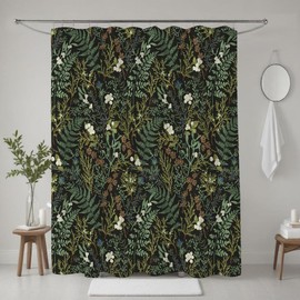GEYUBTL Black and Green Botanical Shower Curtain Vintage Floral Herbs and Plants Maximalist Bathroom Decor Curtain Dark Cottagecore Shower Curtain Sets 72Wx72H Waterproof Polyester