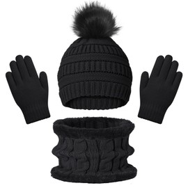 3Pcs Cute Pom Pom Kids Winter Beanie Gloves Scarf Set for Boys Girls Kids Warm Knitted Cap Kids and Fleece Lined Scarf