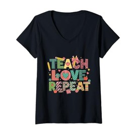 Womens Teach Love Repeat Cute Teacher Squad Back to School Rainbow V-Neck T-Shirt