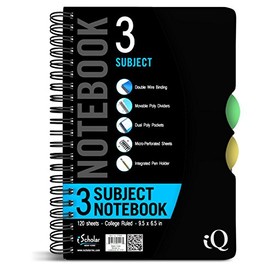 iScholar iQ 3 Subject Poly Cover Double Wire Notebook, College Rule, 9.5 x 6.5 Inches, 120 Sheets, Color May Vary (57904)