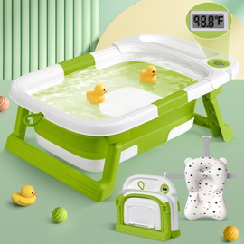 QueenFul Collapsible Baby Bathtub for Newborn to Toddler, Portable Foldable Baby Bathtub with Soft Cushion and Water Thermometer,No-Slip Hanging Travel Infants Bathtub for 0-36 Months,Green