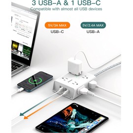 10Ft Long Surge Protector Power Bar, Extension Cord with 8 AC Outlets and 4 USB Ports(1 USB C), 3-Side Outlet Extender, Flat Plug, Wall Mount, Dorm Home Office Essential