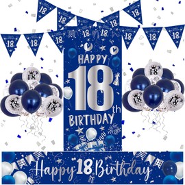 18th Birthday Decorations for Boys Girls Blue and Silver Happy 18th Birthday Banner 18th Birthday Balloons Happy Birthday Backdrop Door Banner Triangle Flag Confetti Balloons 18th Party Supplies